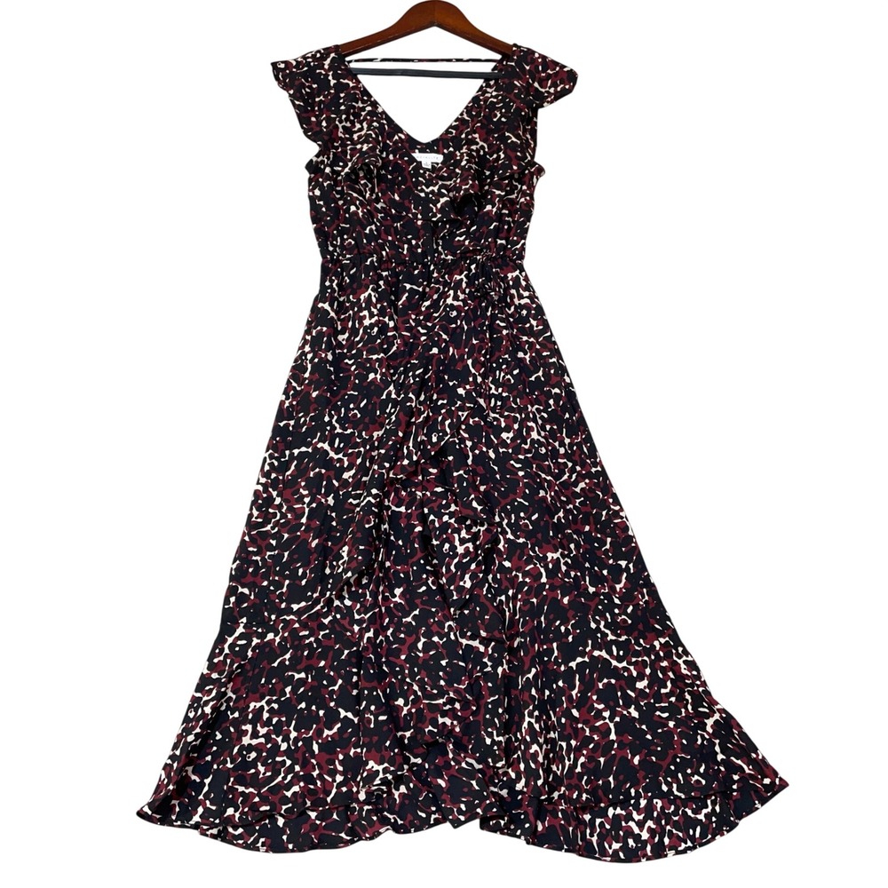 Socialite Women's S Red Black Abstract Print Ruffle Midi Dress Polyester Chiffon